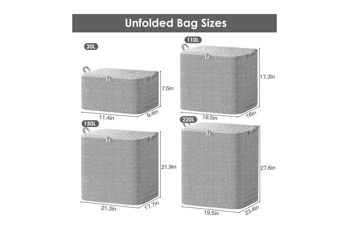 Stow storage bag capacities and dimensions for the 30, 110, 150 and 220 litre sizes