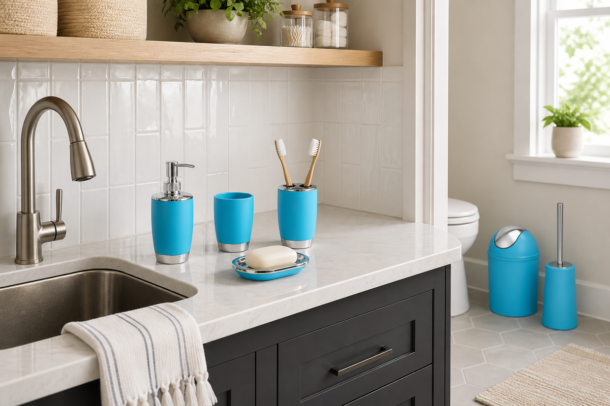 Blue Suite pieces arranged between a utility wash station and adjoining powder room