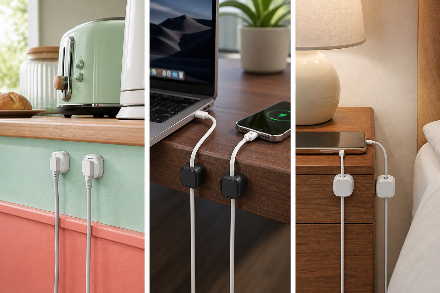 ClickKeep magnetic cable clips in use at a work desk bedside table and family charging station