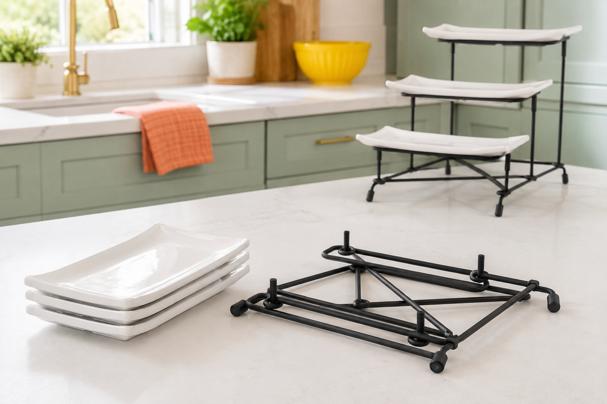 TierBloom white serving trays stacked beside the detached black metal frame on a bright kitchen counter