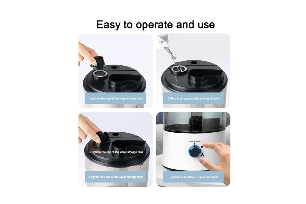 Four-step top-fill and mist-control instructions for the HushMist humidifier
