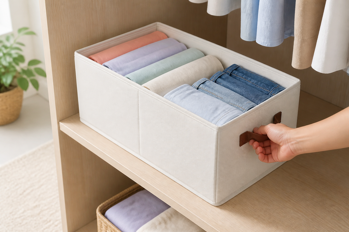 Tuck foldable storage bin being pulled forward by its brown handle in a bedroom wardrobe