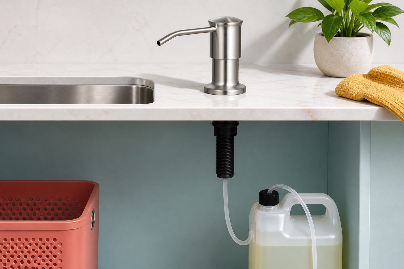 FlowArc soap dispenser installation with threaded shaft and pickup tube leading to a customer-supplied soap container