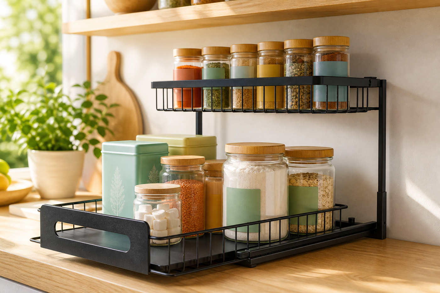 UnderStack organizing spice jars and baking supplies on a pantry counter