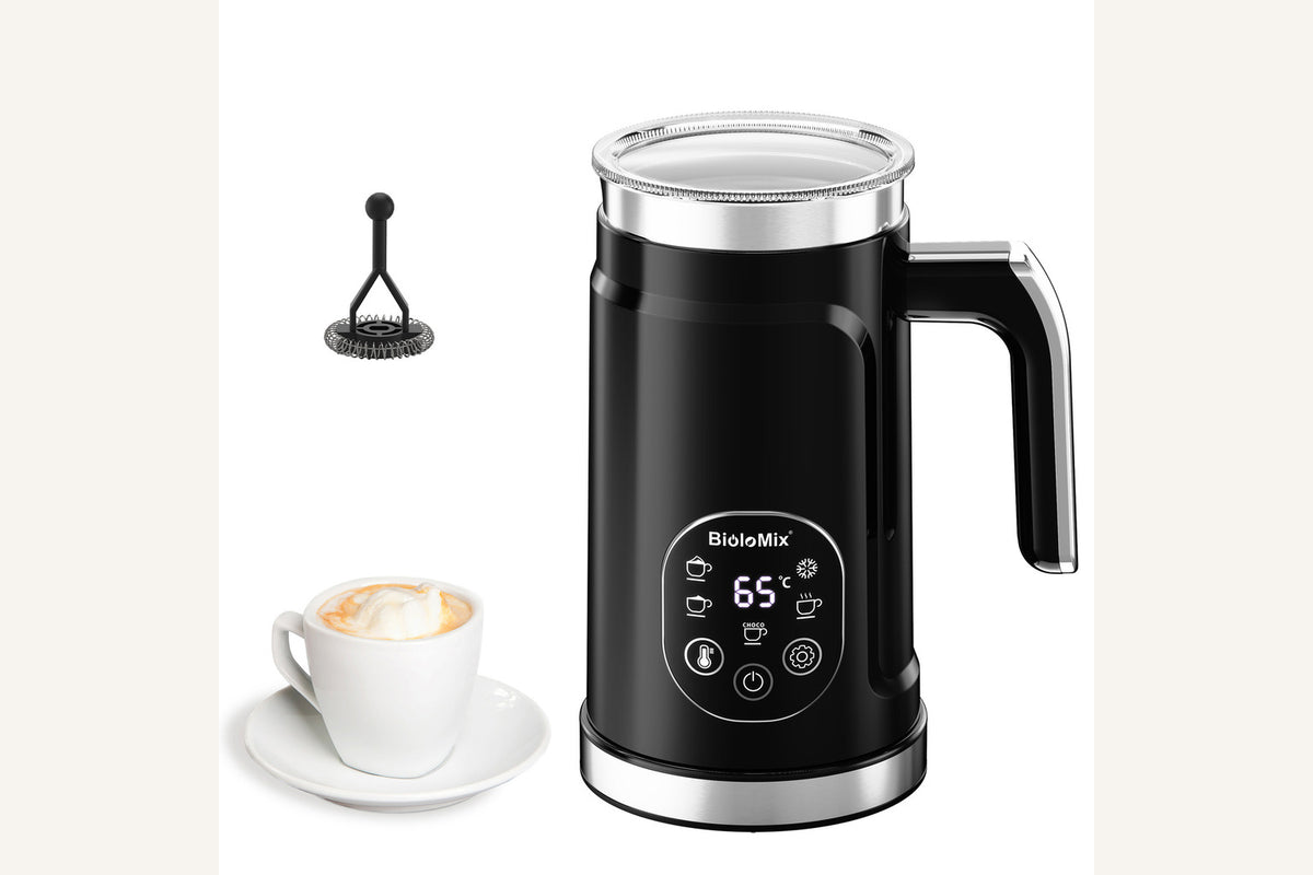 Exact black VelvetFroth milk frother with powered base, clear lid and control panel
