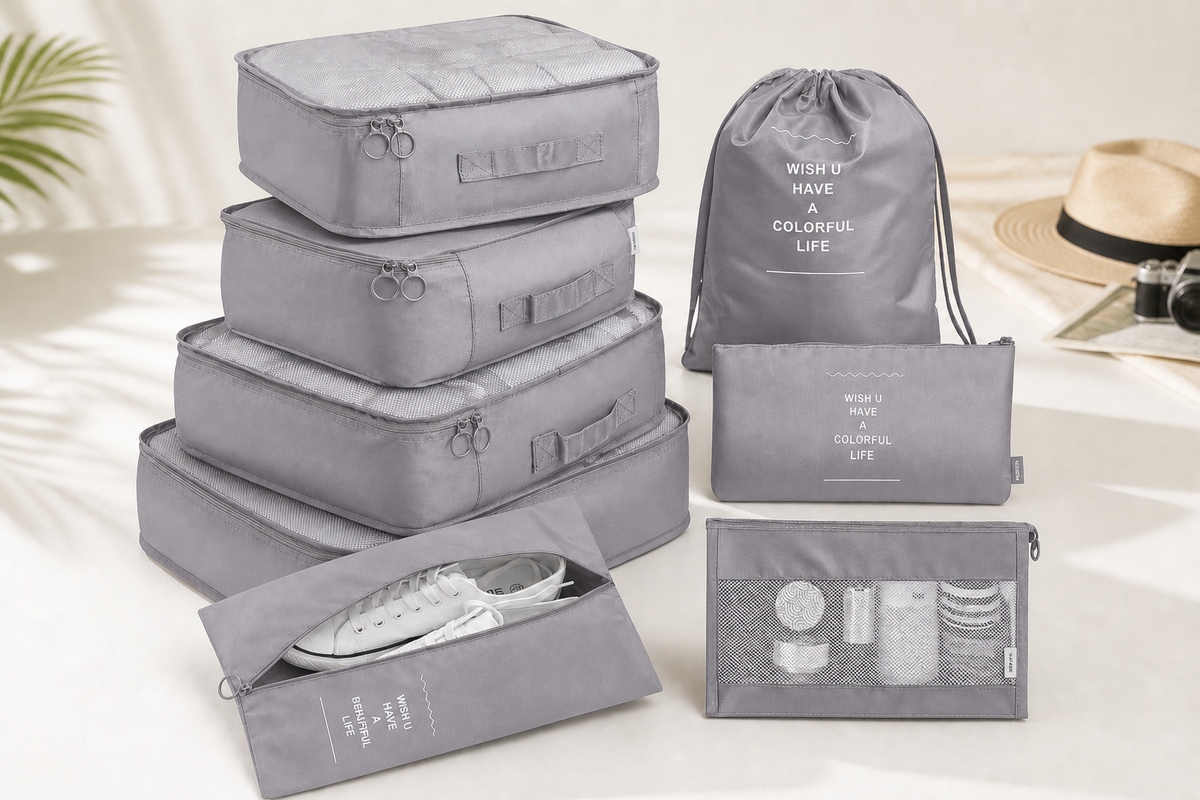 Complete gray Voyage eight-piece packing cube set