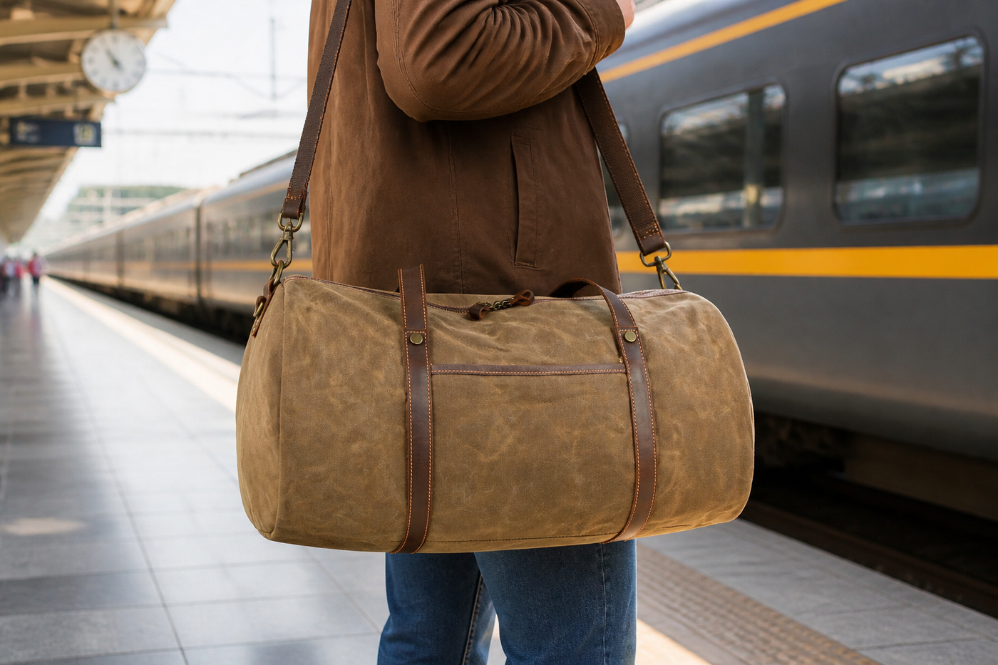 Khaki Wayfarer weekender duffel carried by its shoulder strap at a train platform