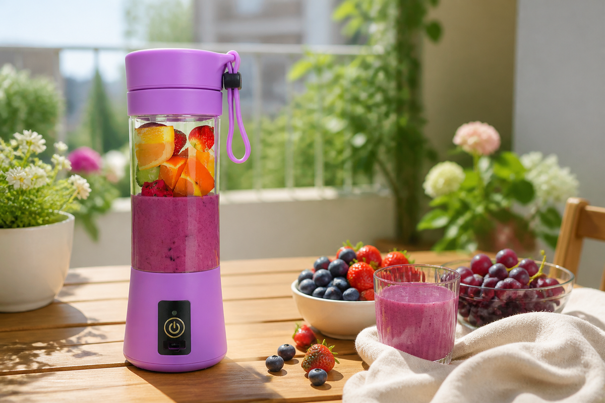 Purple Whirl portable blender at a bright balcony breakfast table