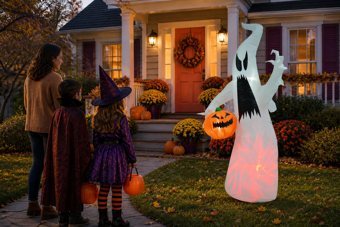 WraithGlow 5.9-foot ghost inflatable welcoming family trick-or-treaters at blue hour