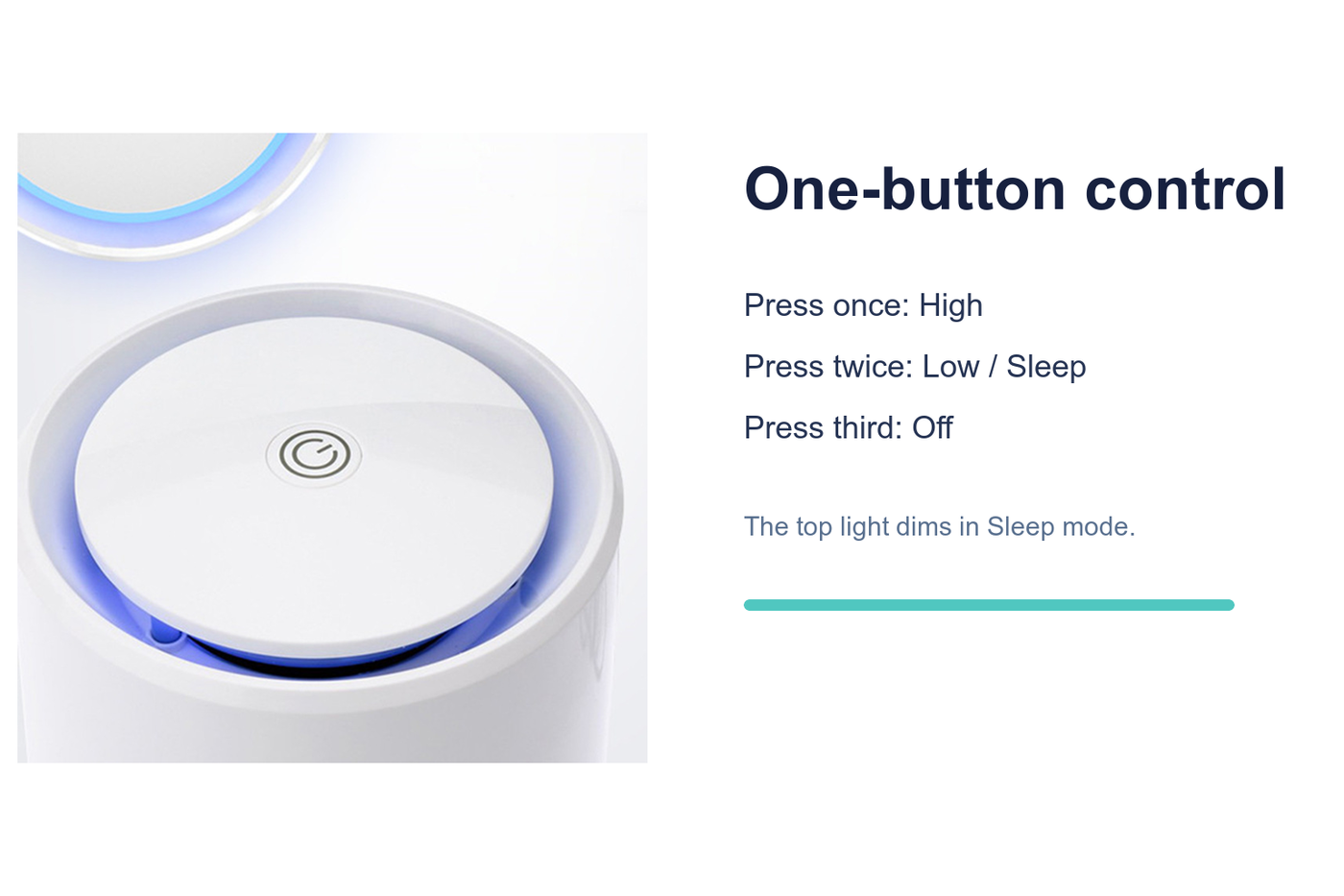 AeroPure one-button controls for High, Low Sleep, and Off modes