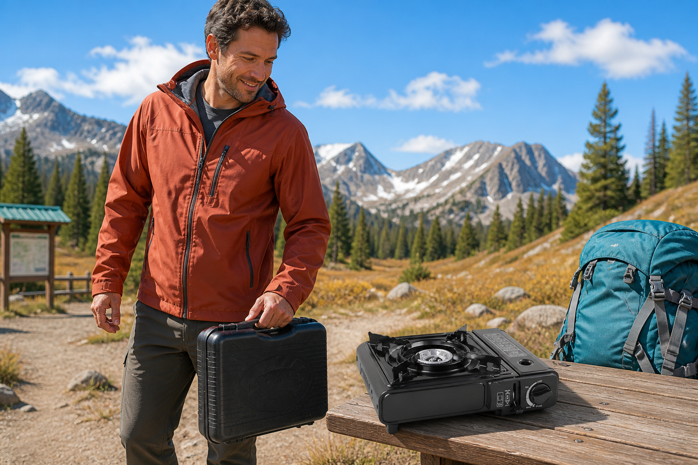 Camper carrying the CampFlame case beside the stove at a mountain trailhead