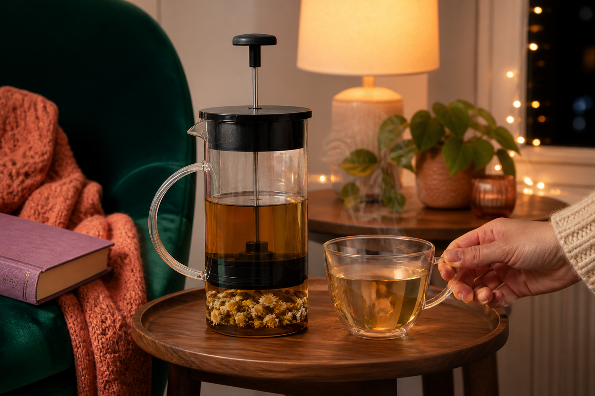 Steep glass tea press brewing golden chamomile beside a colorful reading chair