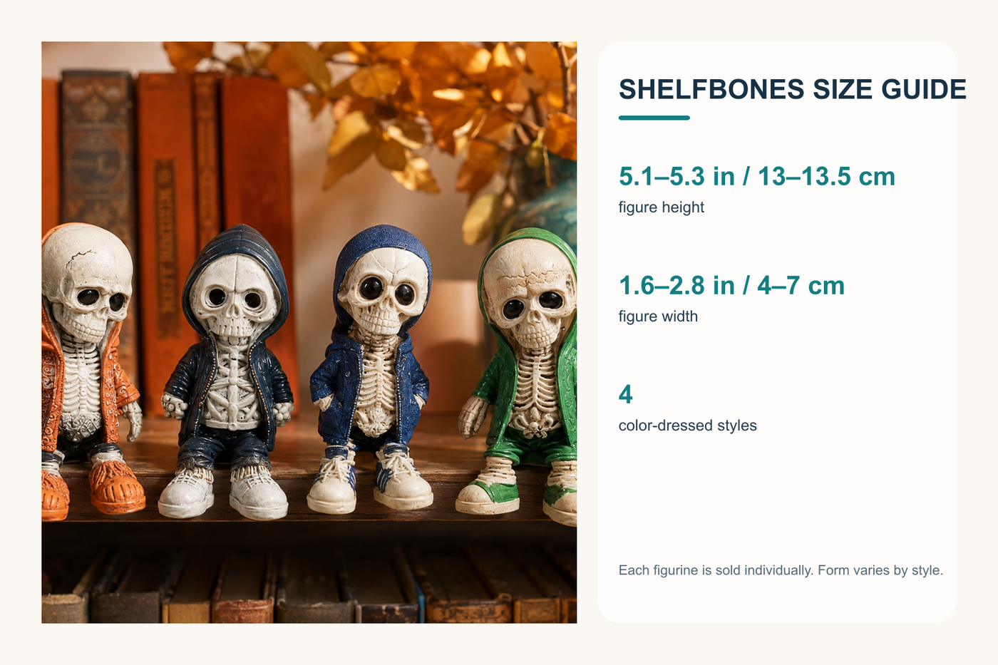 ShelfBones size guide showing height width and four color-dressed styles