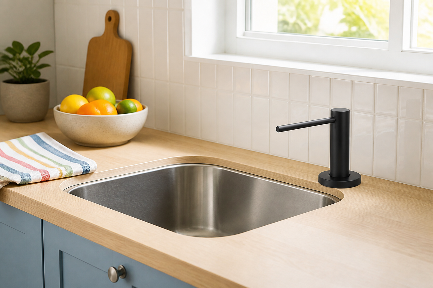Font matte-black built-in soap dispenser in a bright compact apartment kitchen