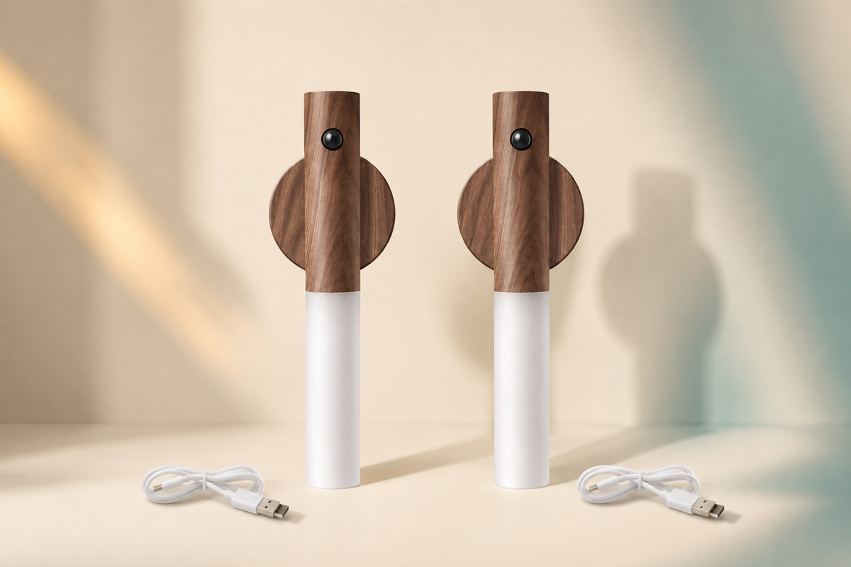 Two GlowSense motion lights in Walnut with two charging cables