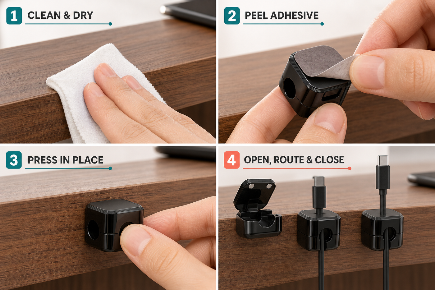 Four-step ClickKeep cable clip installation guide for a clean dry smooth surface and 24-hour adhesive set time