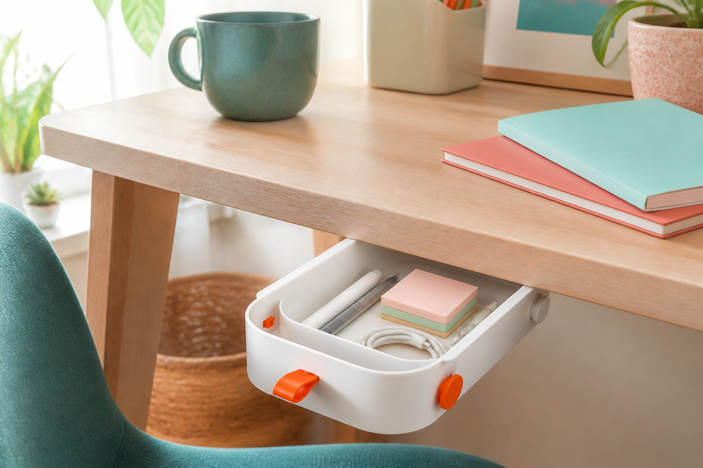 Small Ivory White PocketGlide drawer storing charging leads beneath a light wood desk