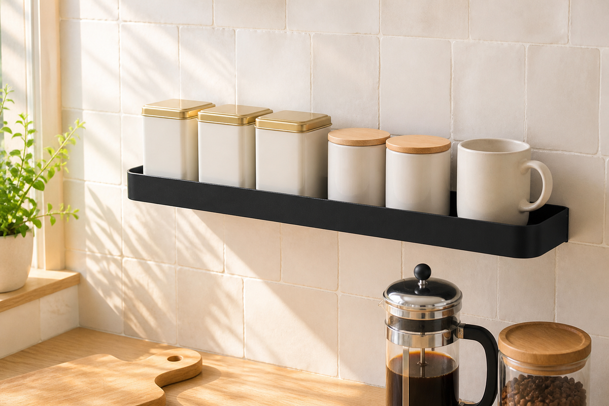 Ledge 50 cm wall shelf in a sunlit kitchen coffee nook