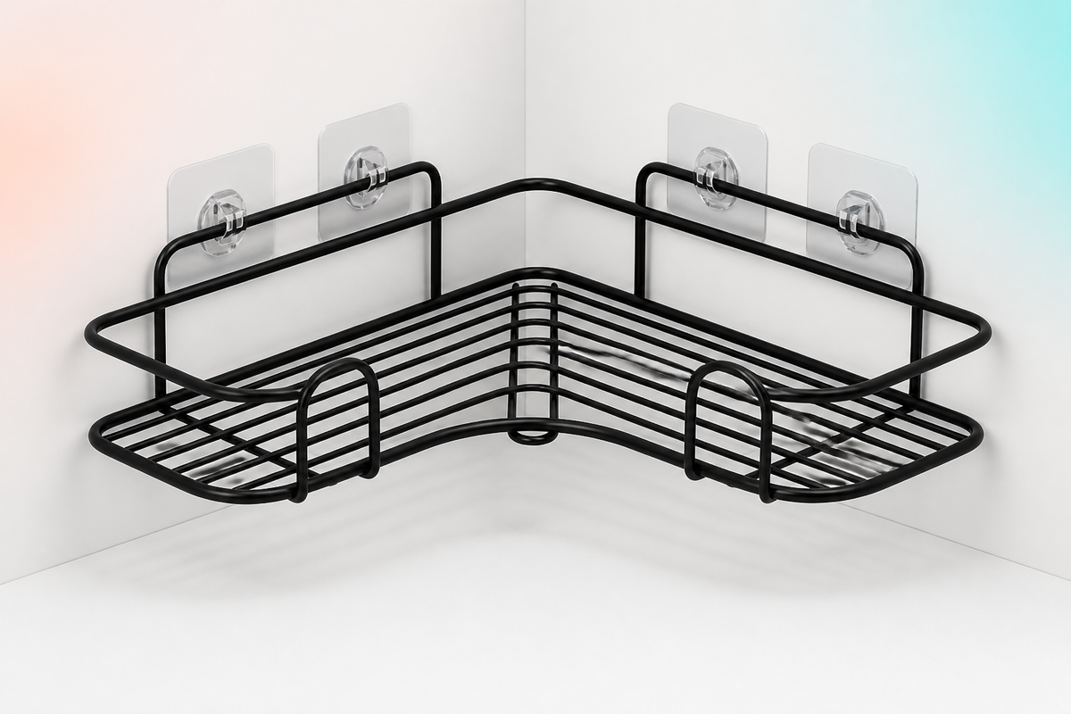 Nook matte-black corner shelf with four clear adhesive mounting pads fully visible