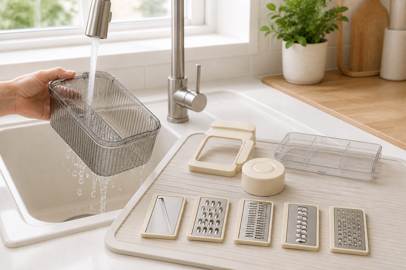 PrepPro detachable catch container and components being hand washed beside a kitchen sink