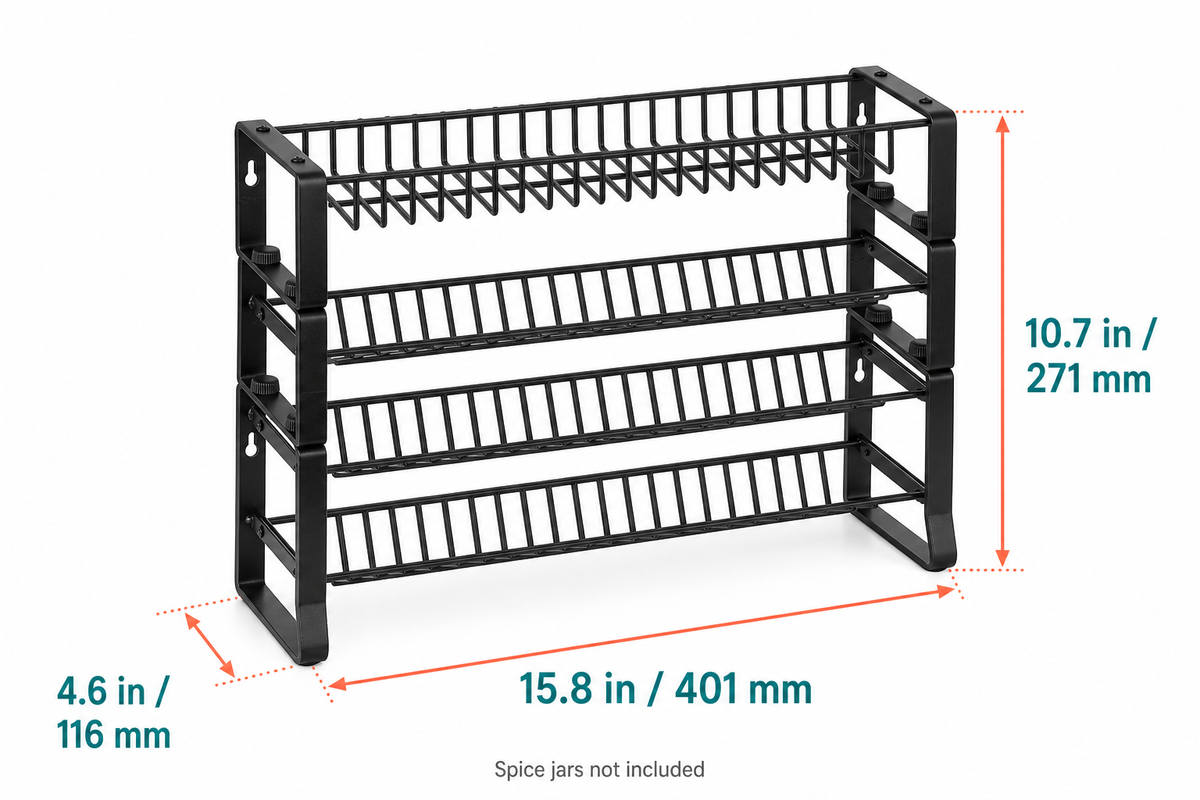 Savor spice rack dimensions: 15.8 inches wide, 4.6 inches deep and 10.7 inches high