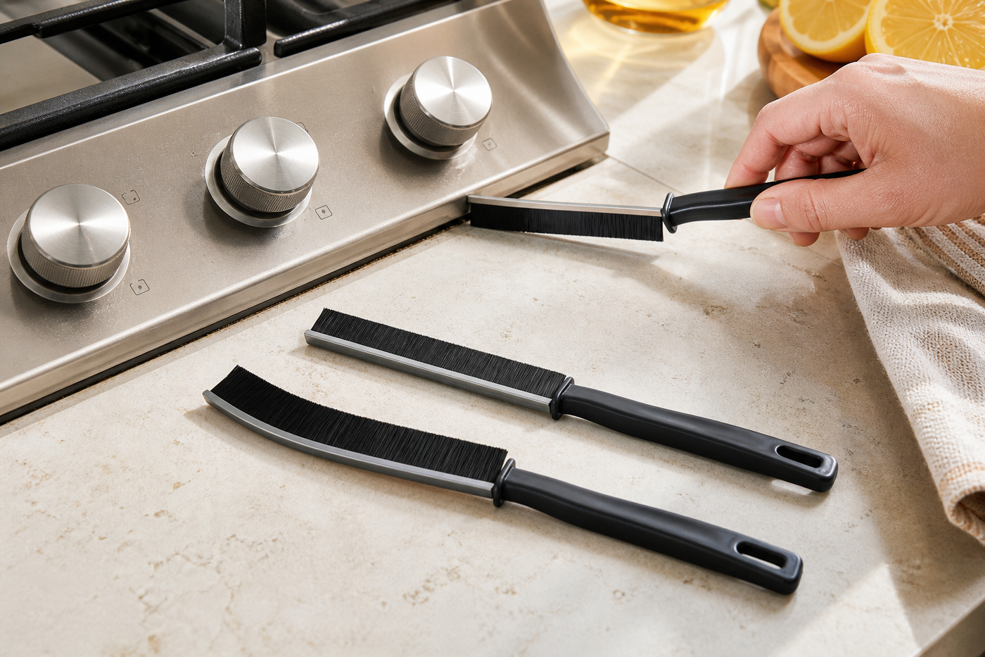 Sliver crevice brush cleaning the narrow seam of a stainless-steel stovetop