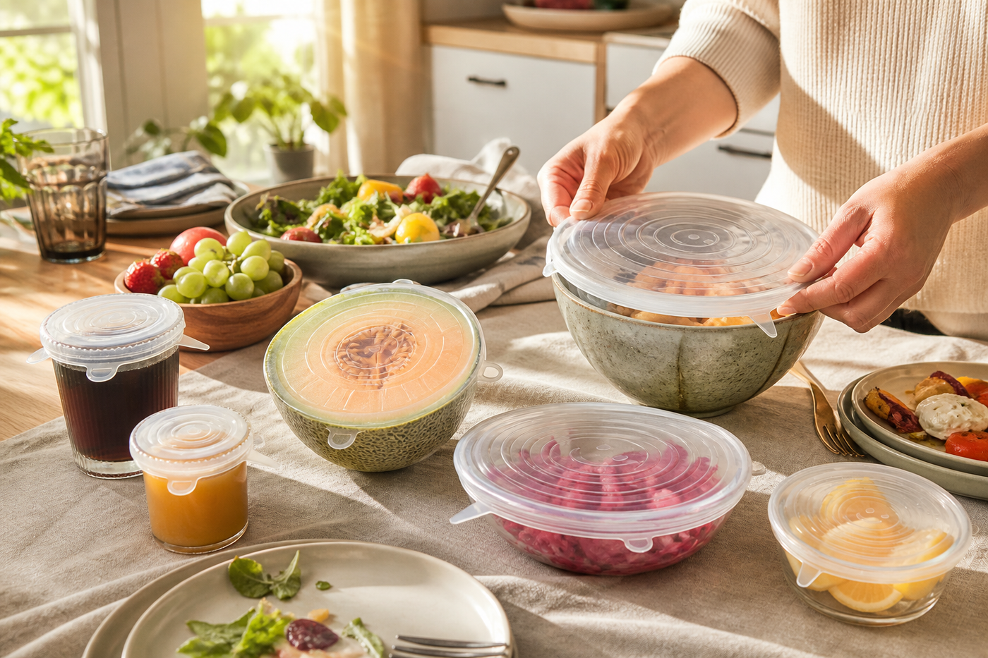 Six Snug stretch lids covering leftover dishes and jars after a family meal