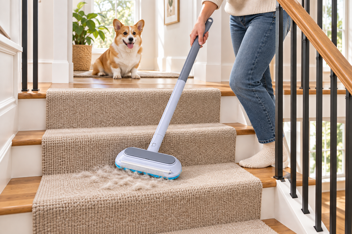 FurReach long-handle brush collecting dog hair from carpeted stairs