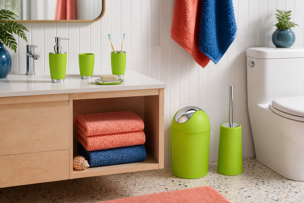 Green Suite six-piece bathroom set in a colorful family bathroom