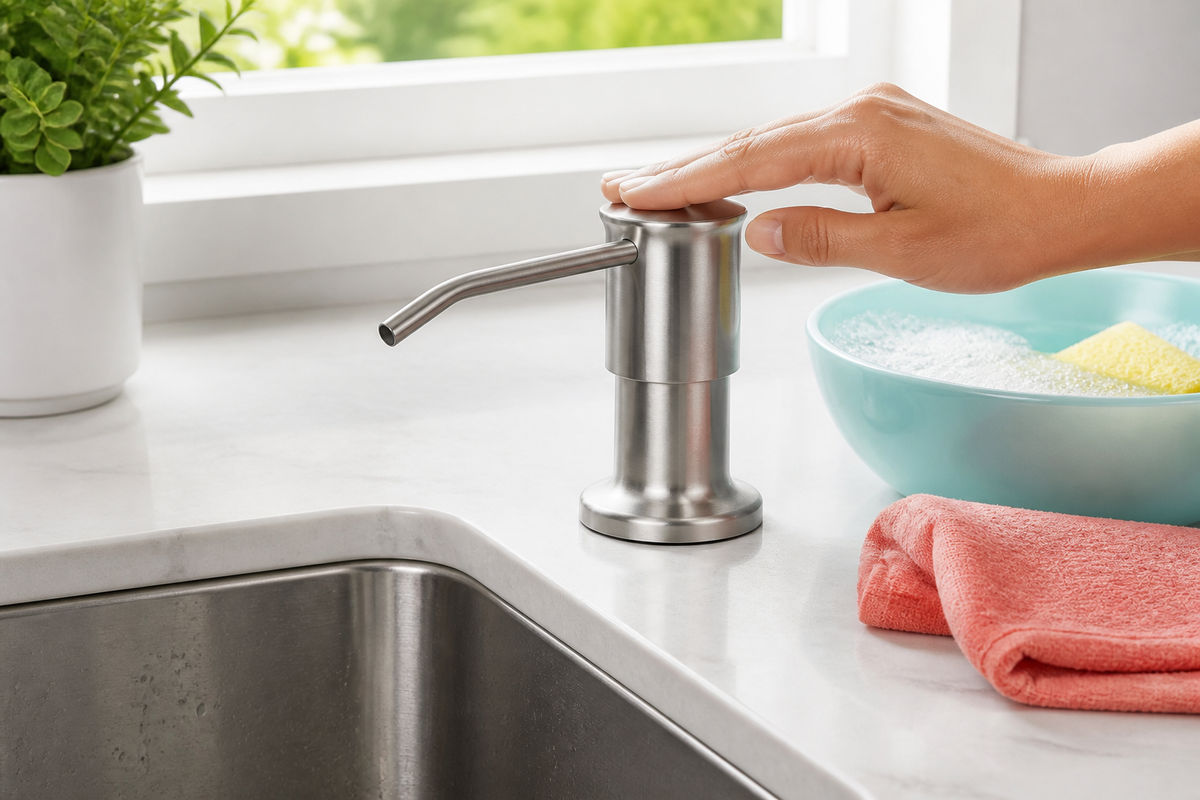 FlowArc rotating pump head positioned toward a kitchen sink with colorful cleaning accents