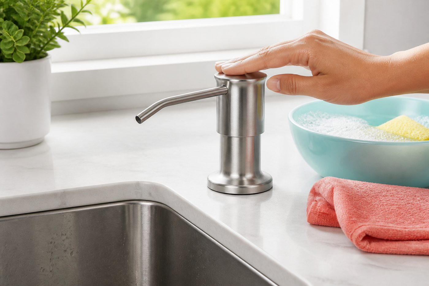 FlowArc rotating pump head positioned toward a kitchen sink with colorful cleaning accents