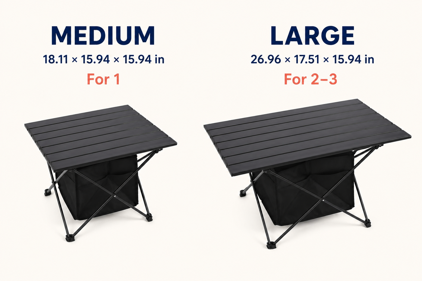 TrailNest medium and large folding camp table size comparison