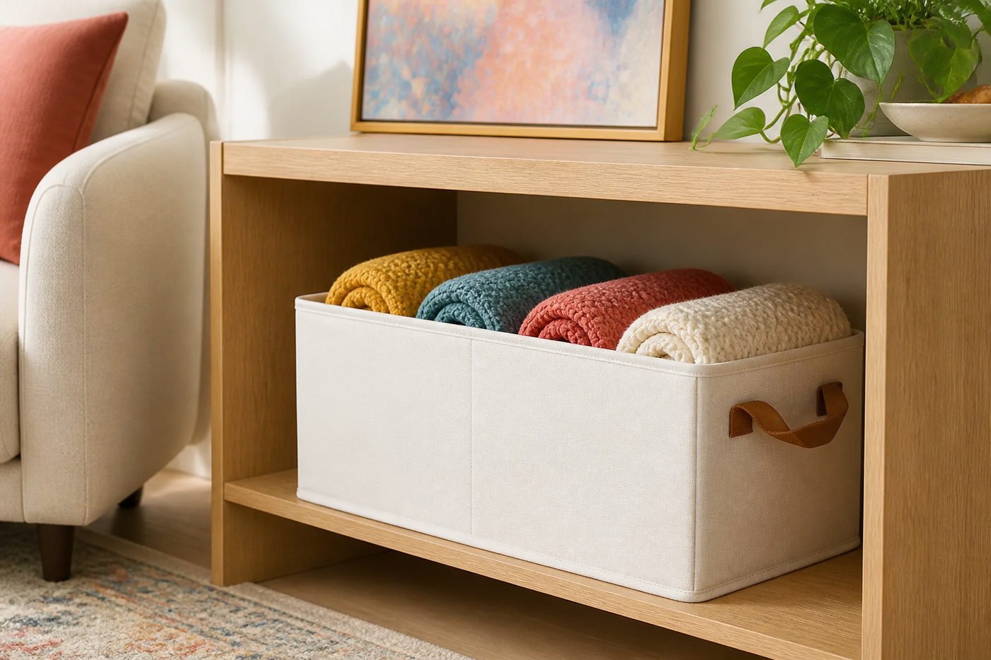 Tuck foldable storage bin holding colorful throws in a light oak living-room console