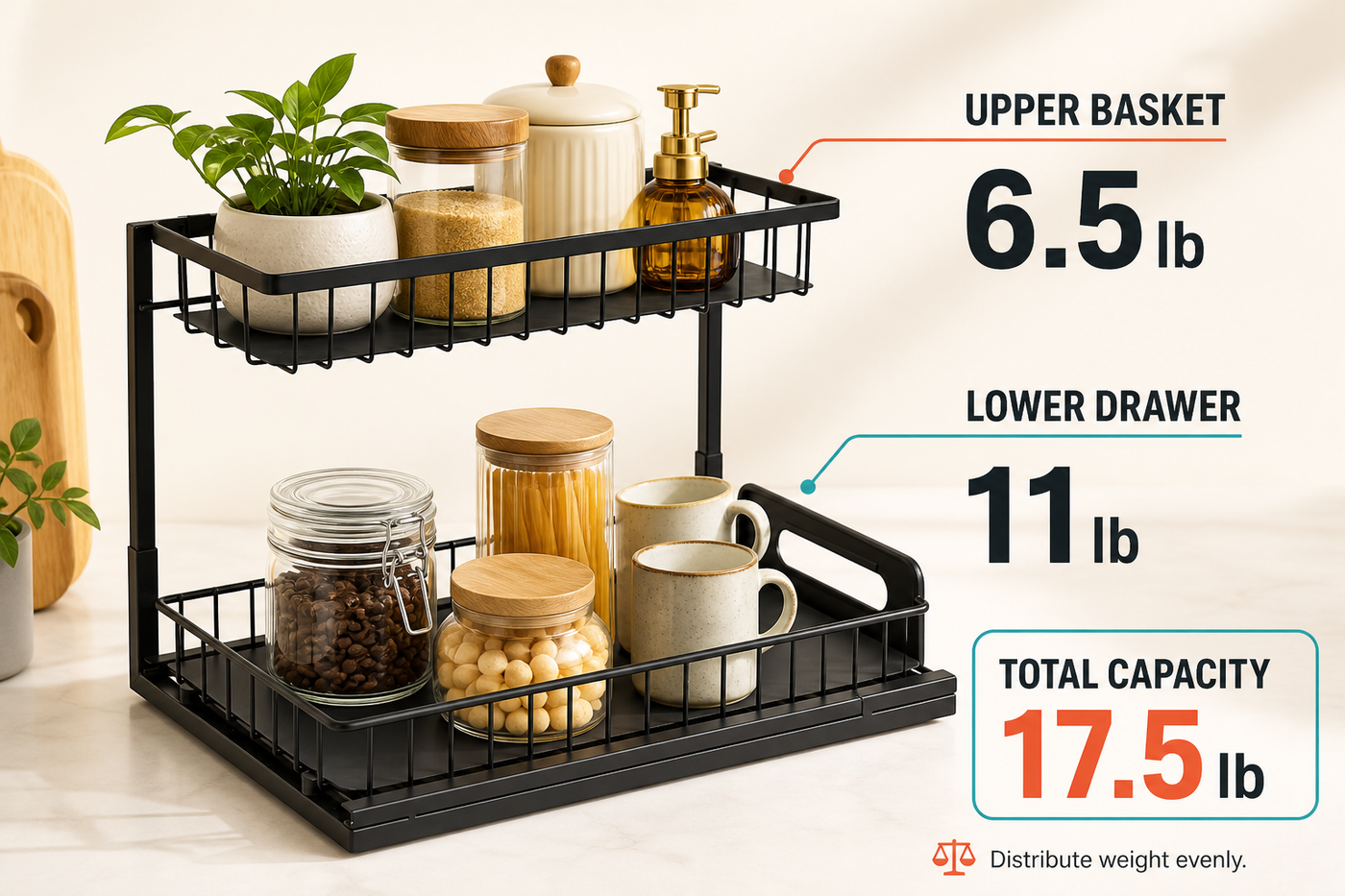 UnderStack capacity guide: 6.5 pounds upper, 11 pounds lower, 17.5 pounds total