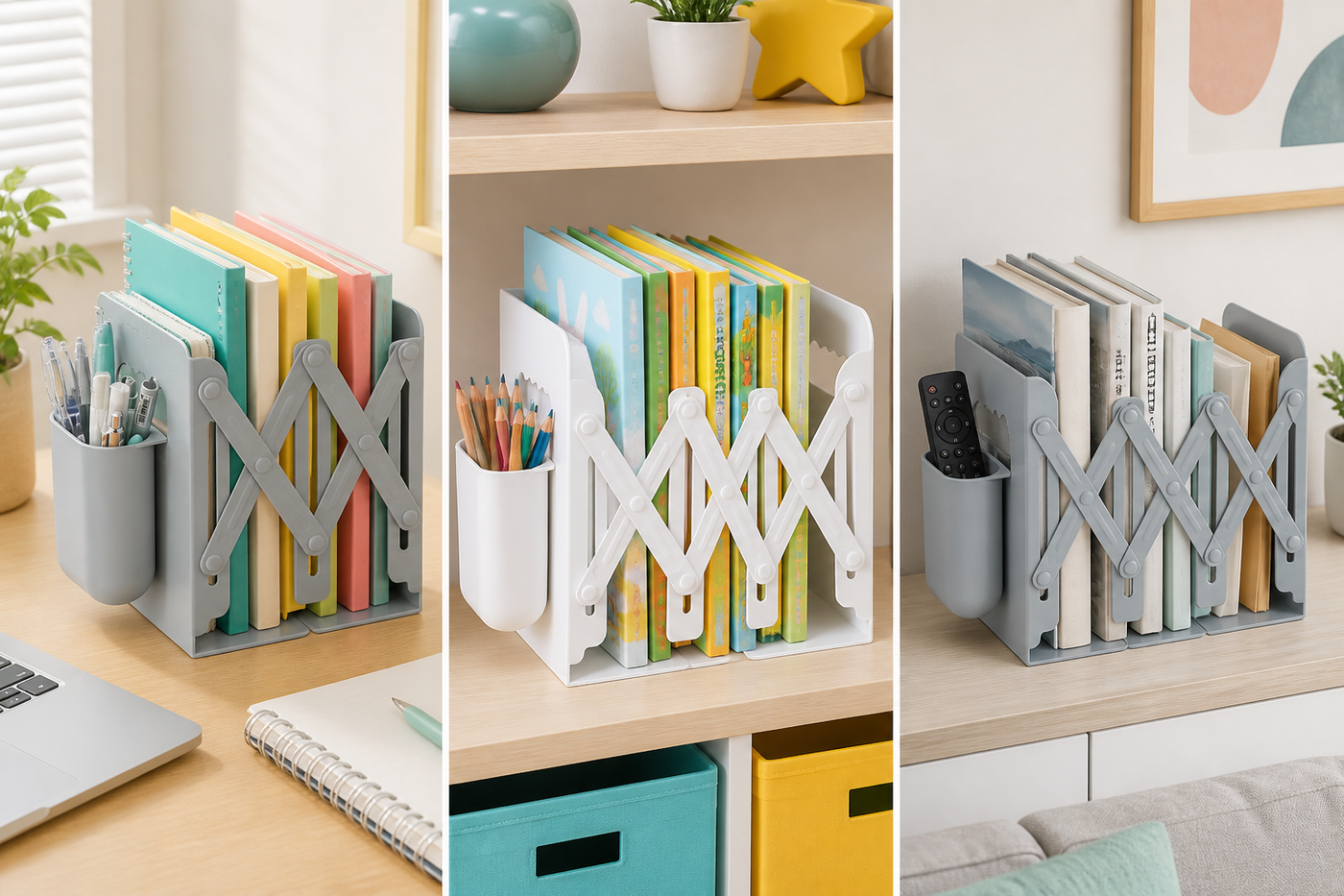 PageSpan expandable bookend organizing notebooks storybooks and art books across office study and living room settings