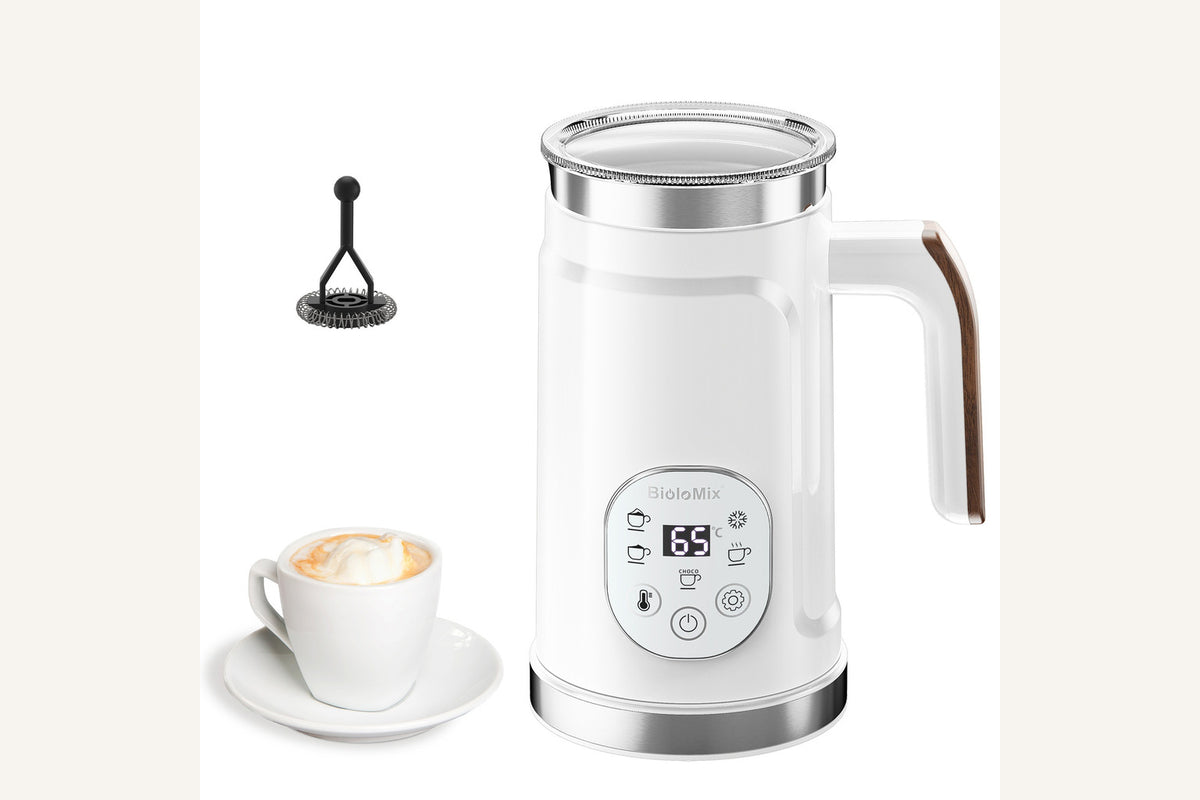 Exact white VelvetFroth milk frother with powered base, clear lid and control panel