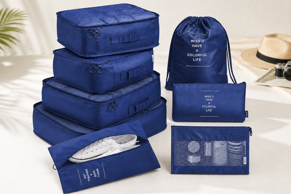 Complete navy Voyage eight-piece packing cube set