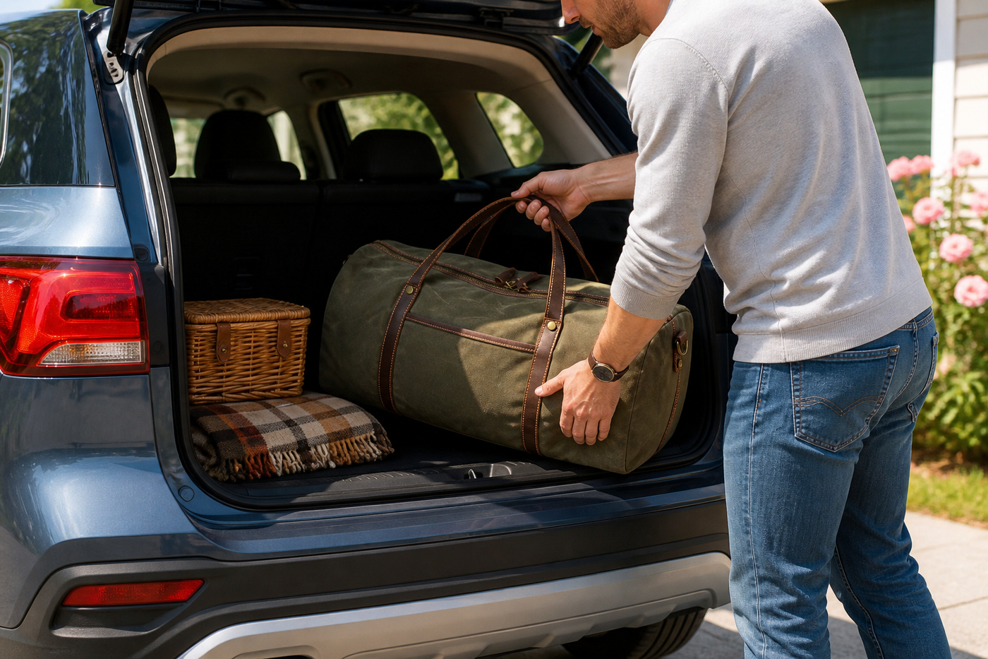 Green Wayfarer weekender duffel being placed into a car trunk for a road trip