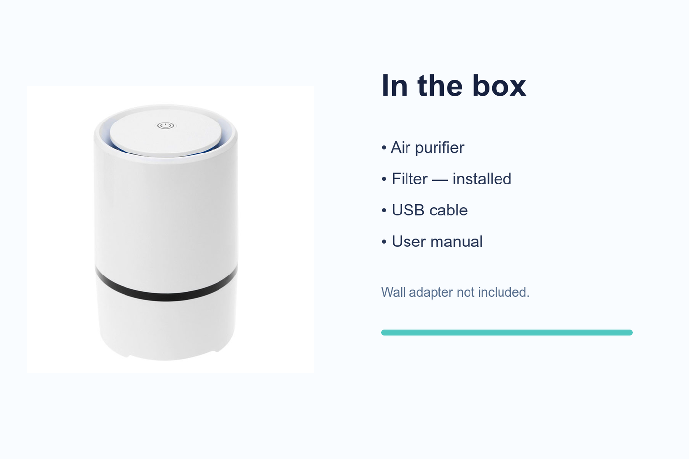 AeroPure package contents: purifier, installed filter, USB cable, and manual