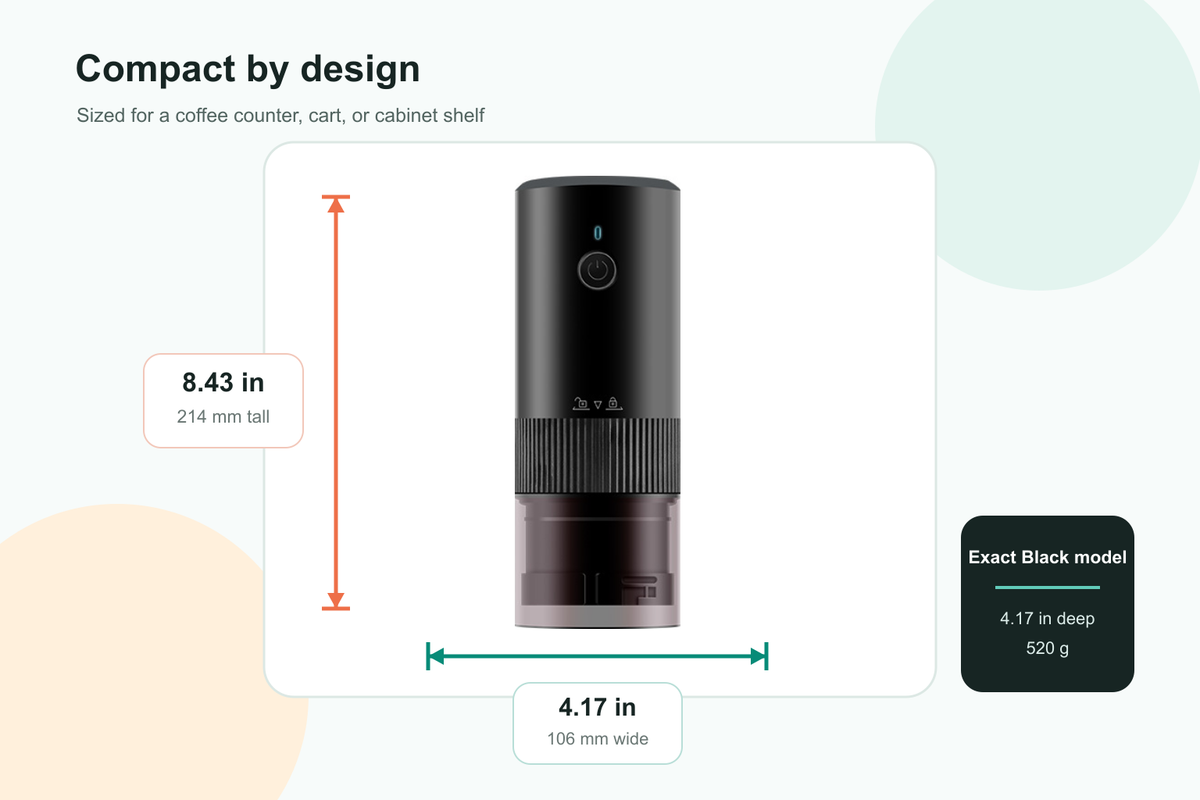 BeanMill dimensions: 8.43 inches tall and 4.17 inches wide