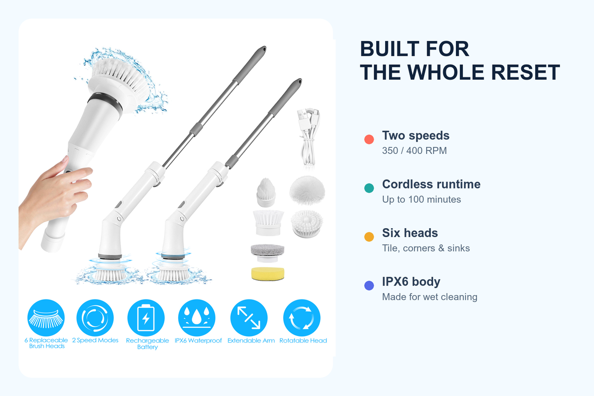 CleanReach features: two speeds, up to 100 minutes runtime, six heads and IPX6 water resistance