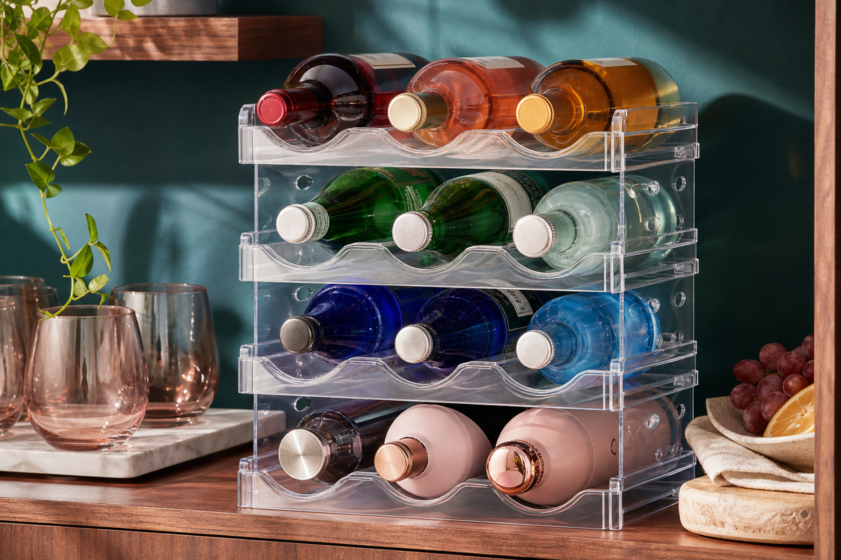 ClearStack organizer holding wine, sparkling water, soda and reusable bottles in a pantry alcove