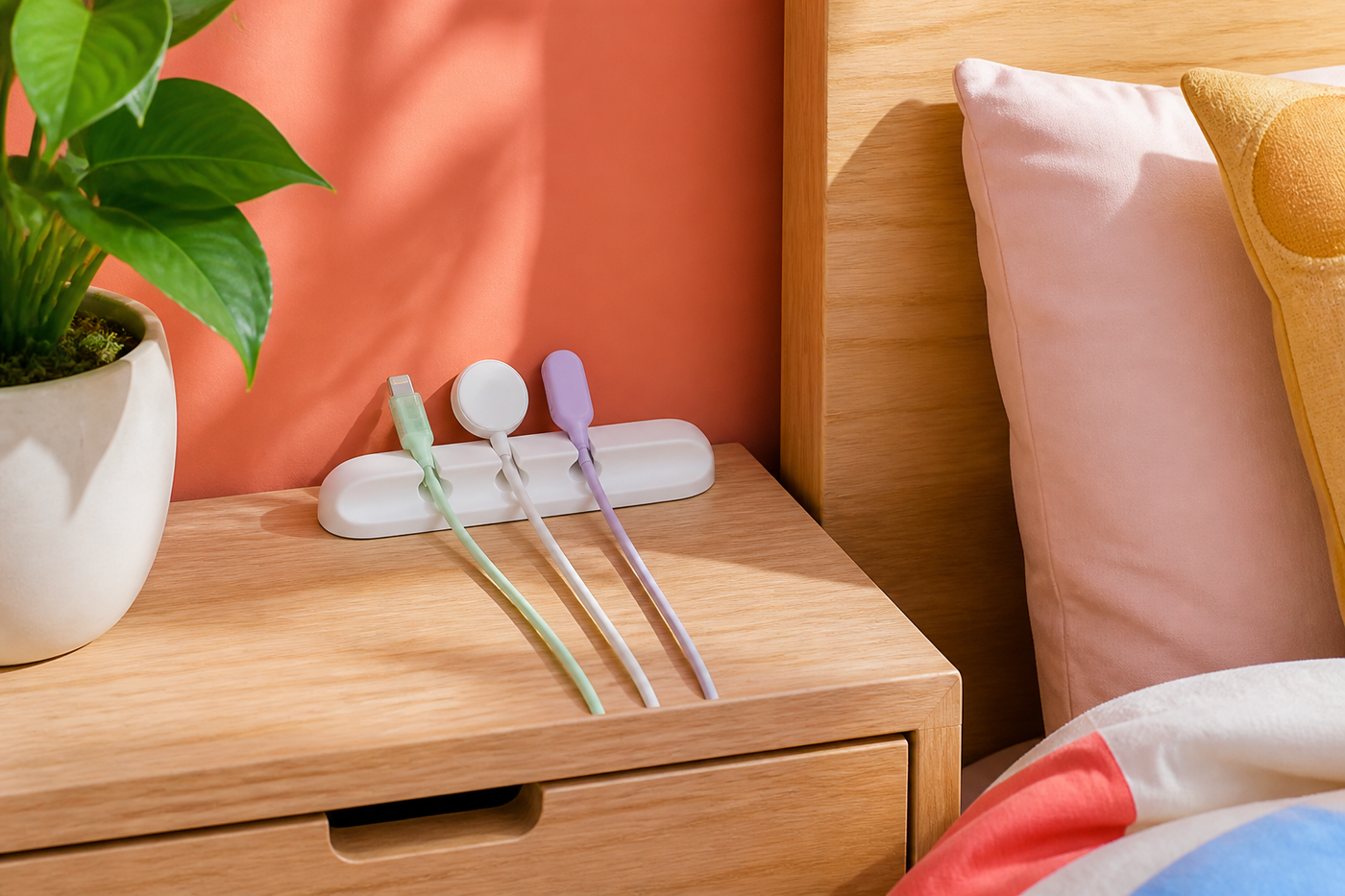 White three-slot CordCove organizer holding three charging cables on a colorful nightstand