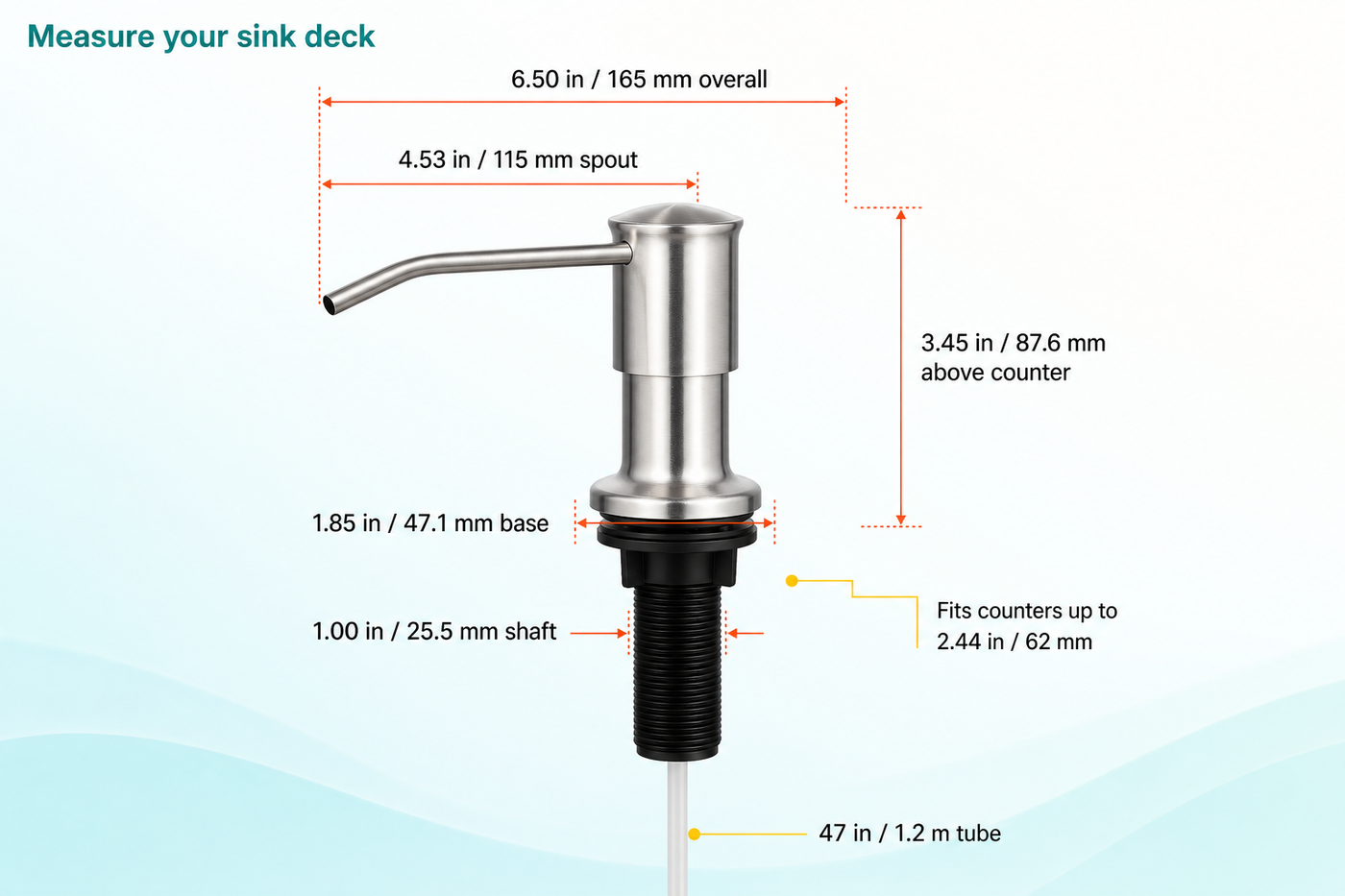 FlowArc built-in soap dispenser dimensions, mounting fit and pickup tube length