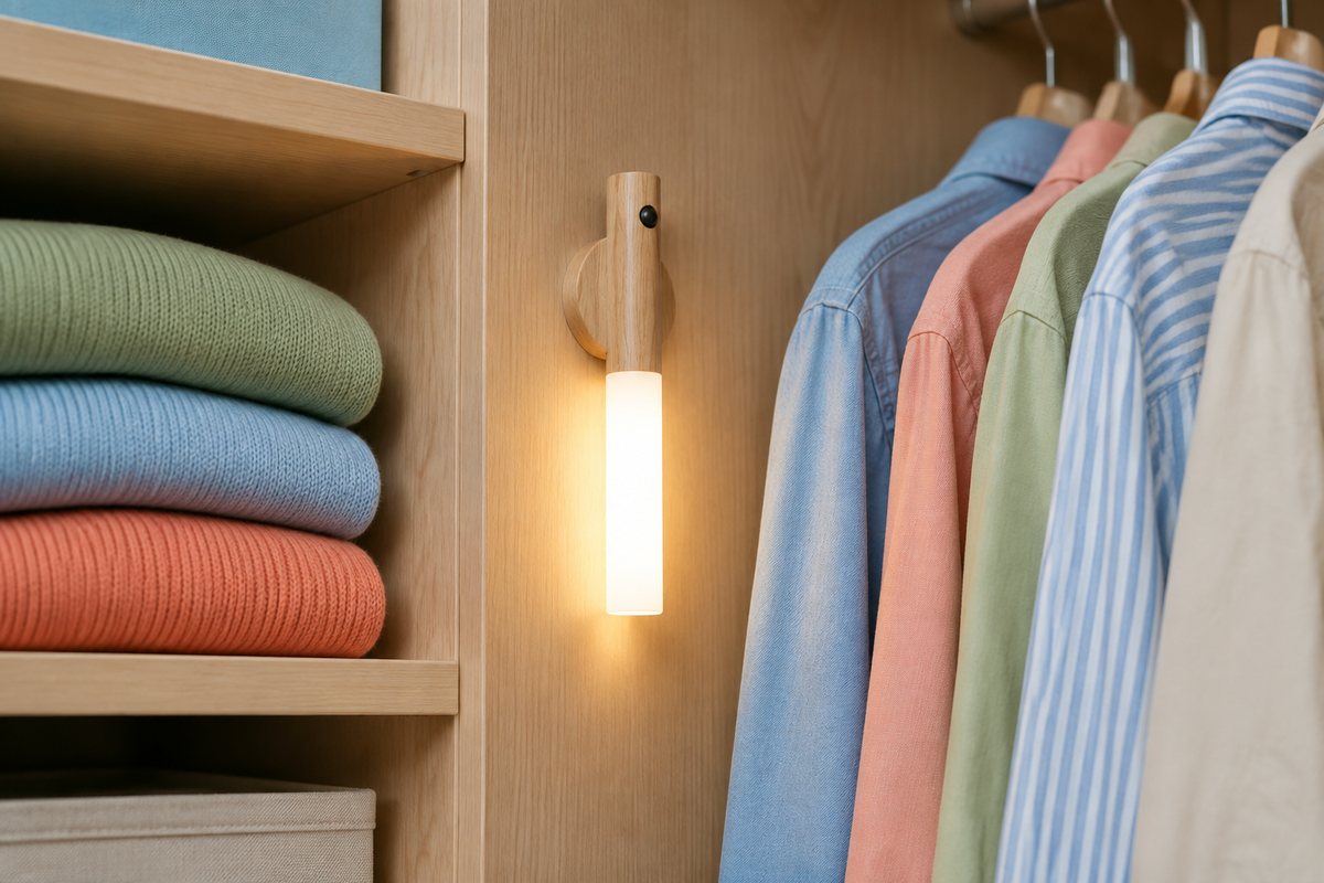 GlowSense Ash motion light illuminating an organized wardrobe