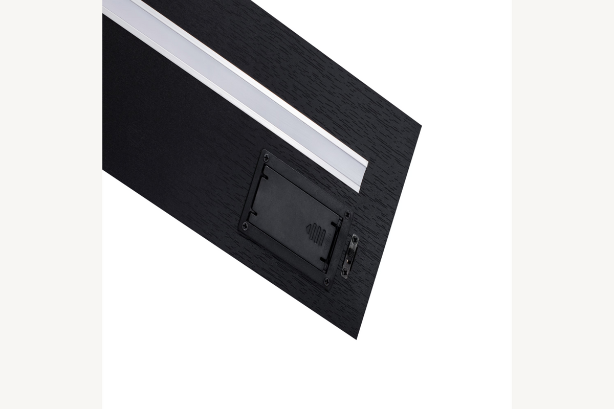 Underside of the Halo LED Floating Shelf showing the recessed diffuser, battery compartment, and on-off switch