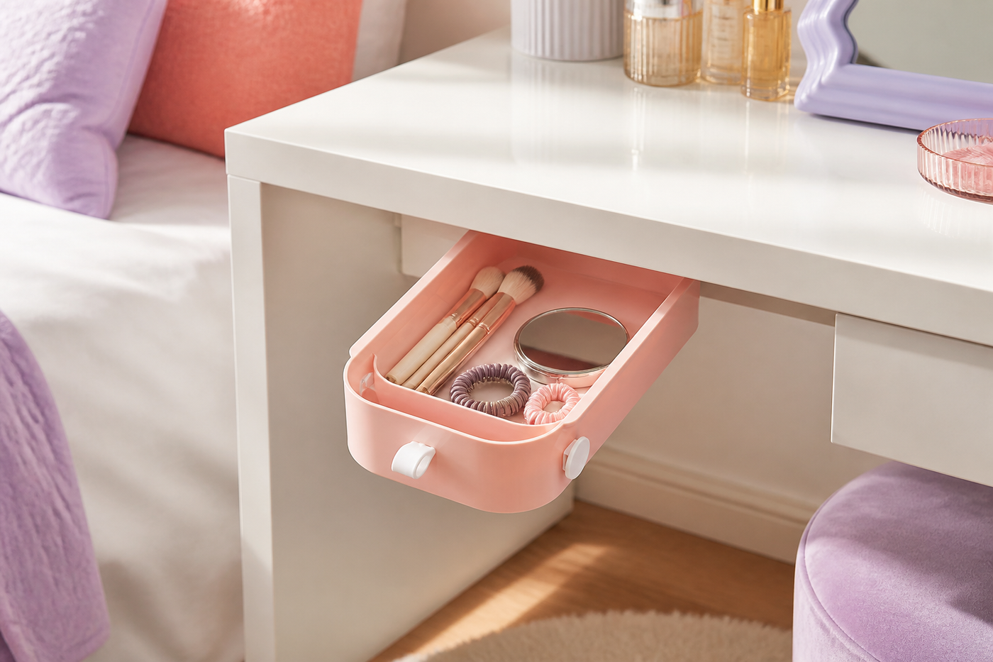 Small Cherry Blossom Pink PocketGlide drawer organizing jewelry and beauty accessories beneath a vanity
