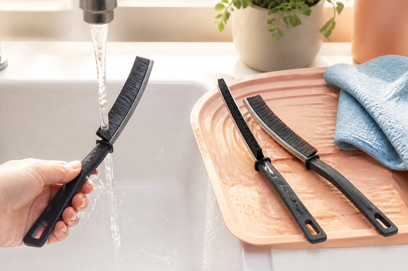 Sliver crevice brush set being rinsed and air-dried after cleaning
