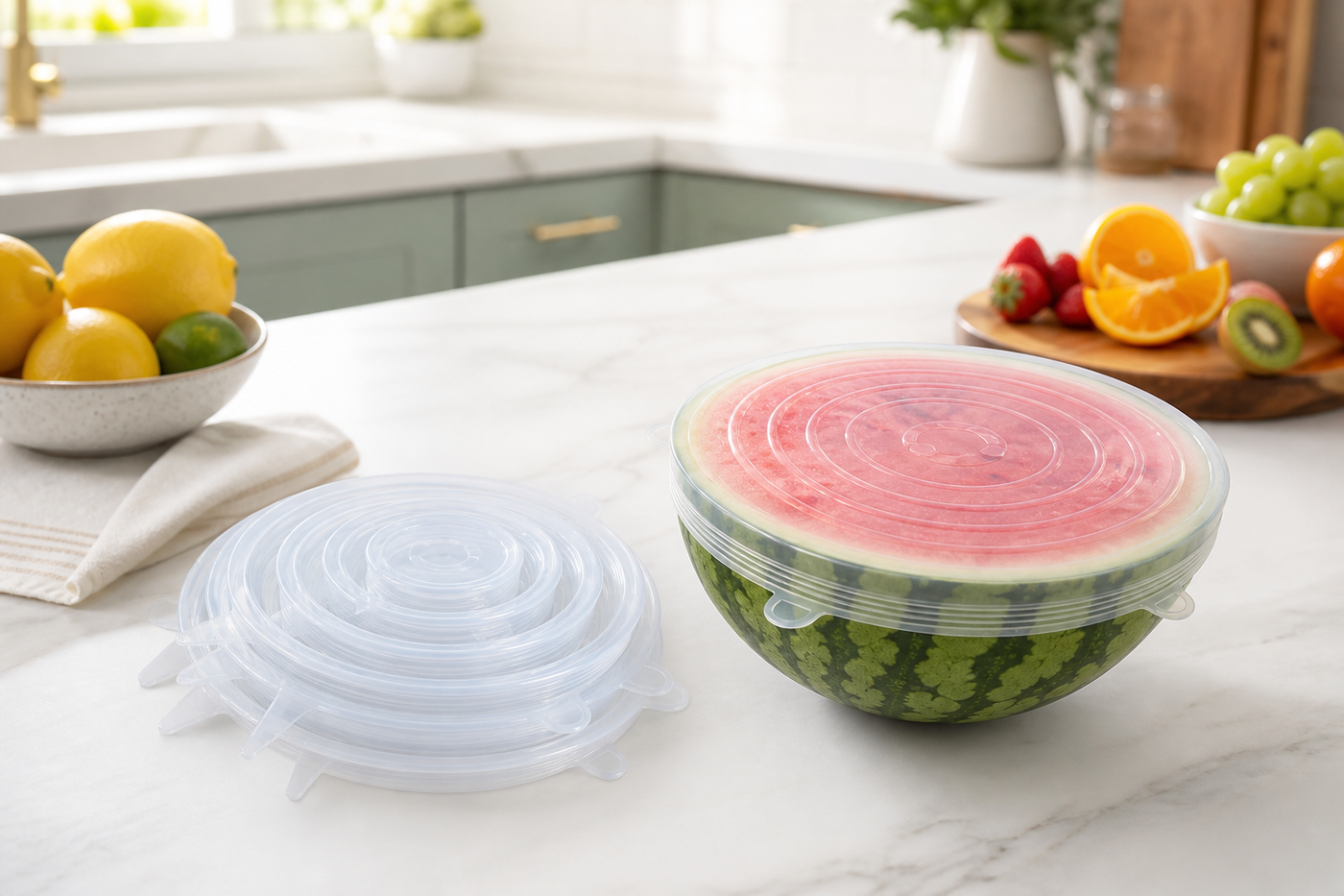 Large clear Snug stretch lid fitted over half a watermelon