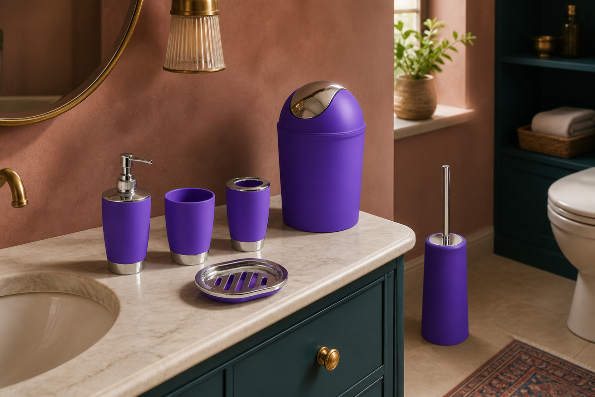 Purple Suite six-piece bathroom set in a jewel-toned guest bathroom